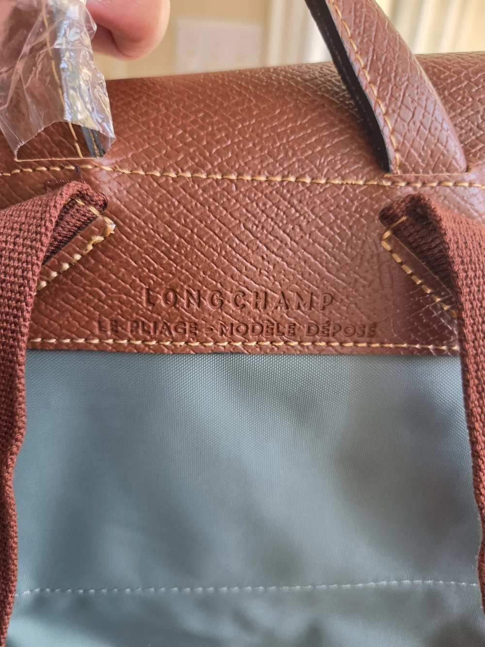 Longchamp Le Pliage Large Teal Backpack with Brown Trim